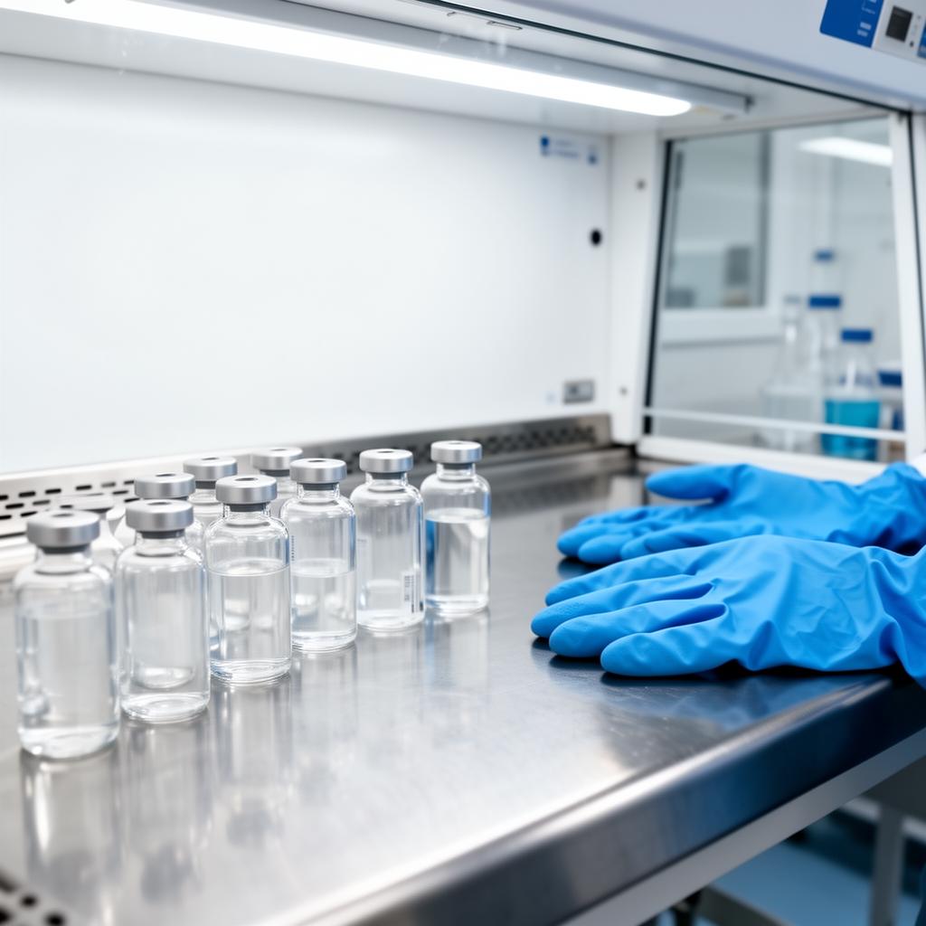 Sterile preparation workspace with clean vials and protective gloves