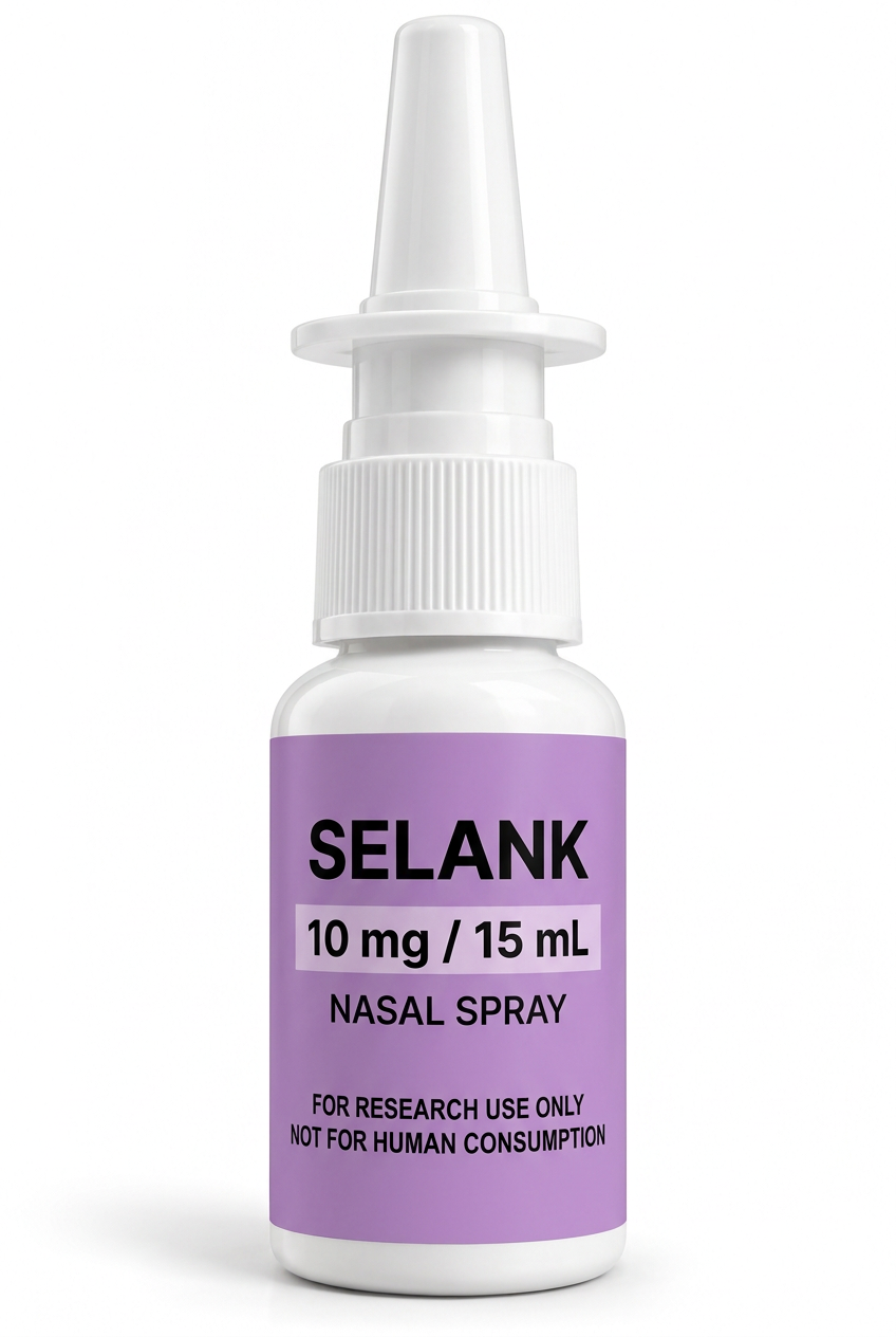 Selank Nasal Spray 10mg — purple label on a white nasal spray bottle