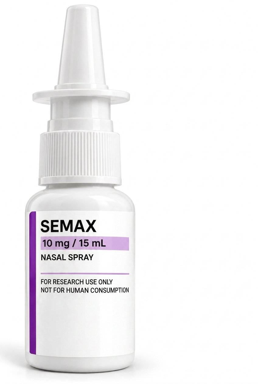 Semax nasal spray 10mg — purple label on a white nasal spray bottle