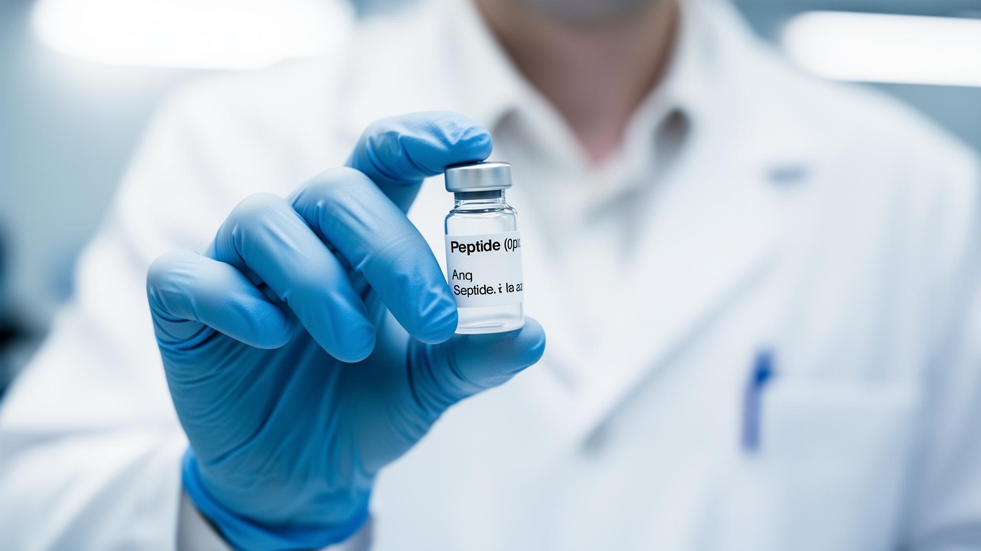 Researcher inspecting a peptide vial during quality control